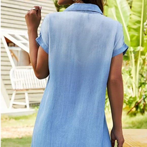 MED | Zilcremo Women Summer | Short Sleeve Button Down| Denim Shirt Dress - Picture 3 of 6